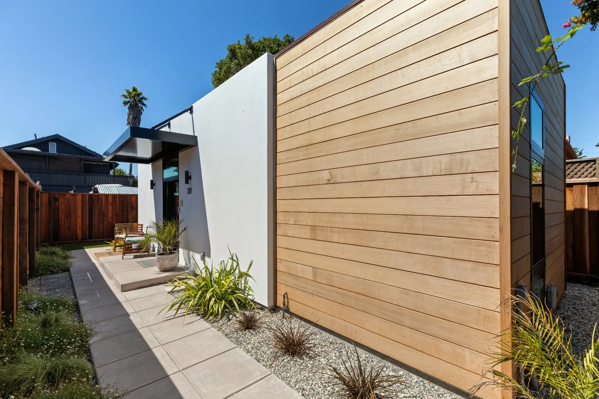 Modern ADU backyard home at golden hour